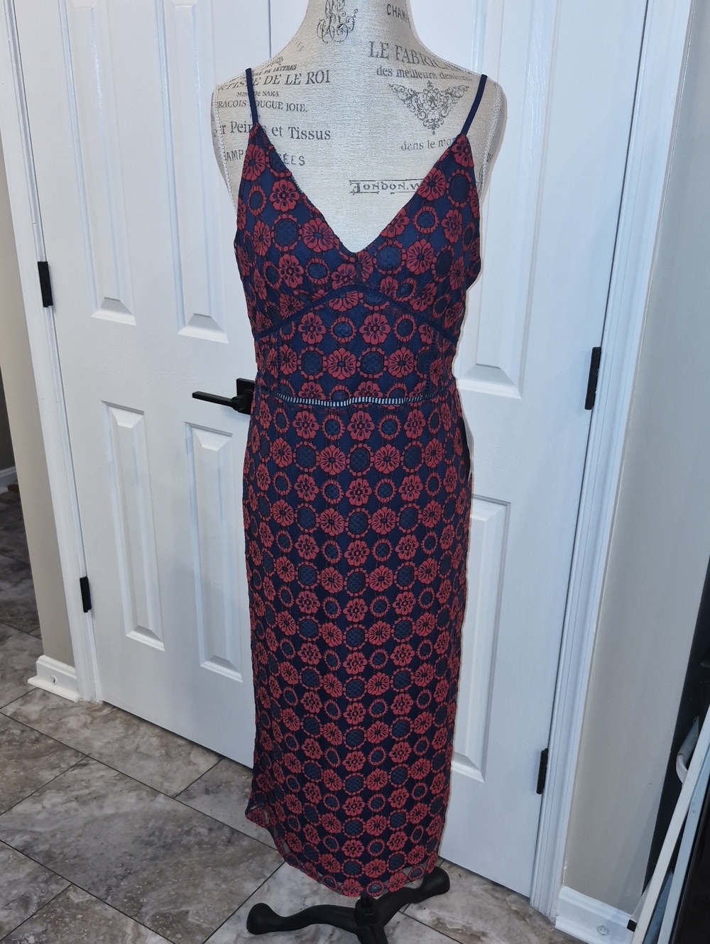 NSR NAVY N RED LINED EMBROIDERED LACE CORSET BACK SHEATH SLIP DRESS NWT SIZE XL